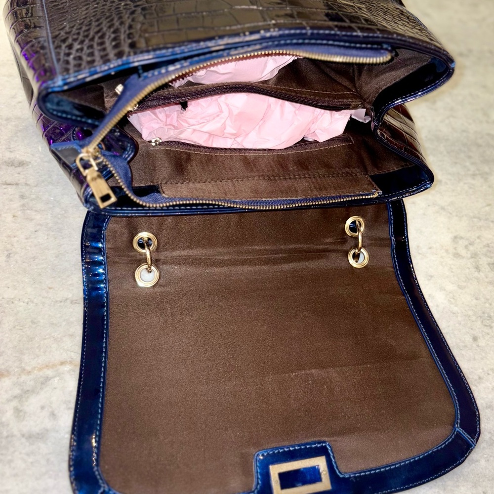 Blue Croc Embossed Satchel with Gold-Tone Hardware - Picture 16 of 16